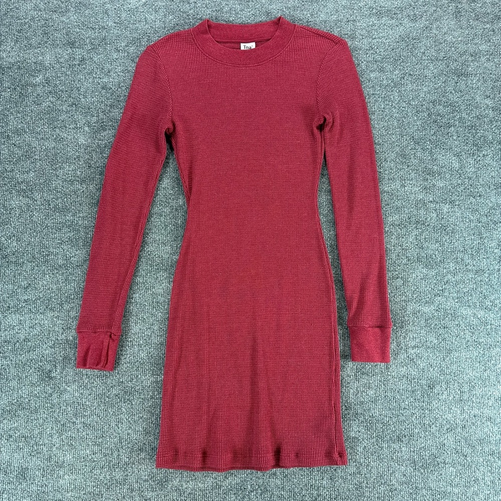 Tna Aritzia Waffle Knit Mini Dress Red Long Sleeve Thermal Bodycon Small Party